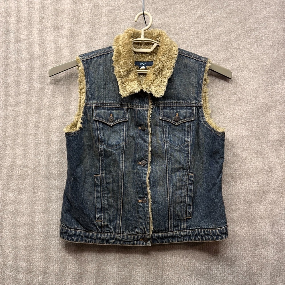 Gap Vest Womens XL Blue‎ Denim Faux Fur Sherpa Lined Button Front Vintage